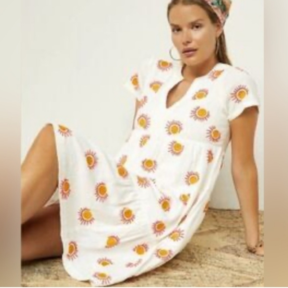 Maeve By Abthropologie Tiered White Dress with Sun Embroidery